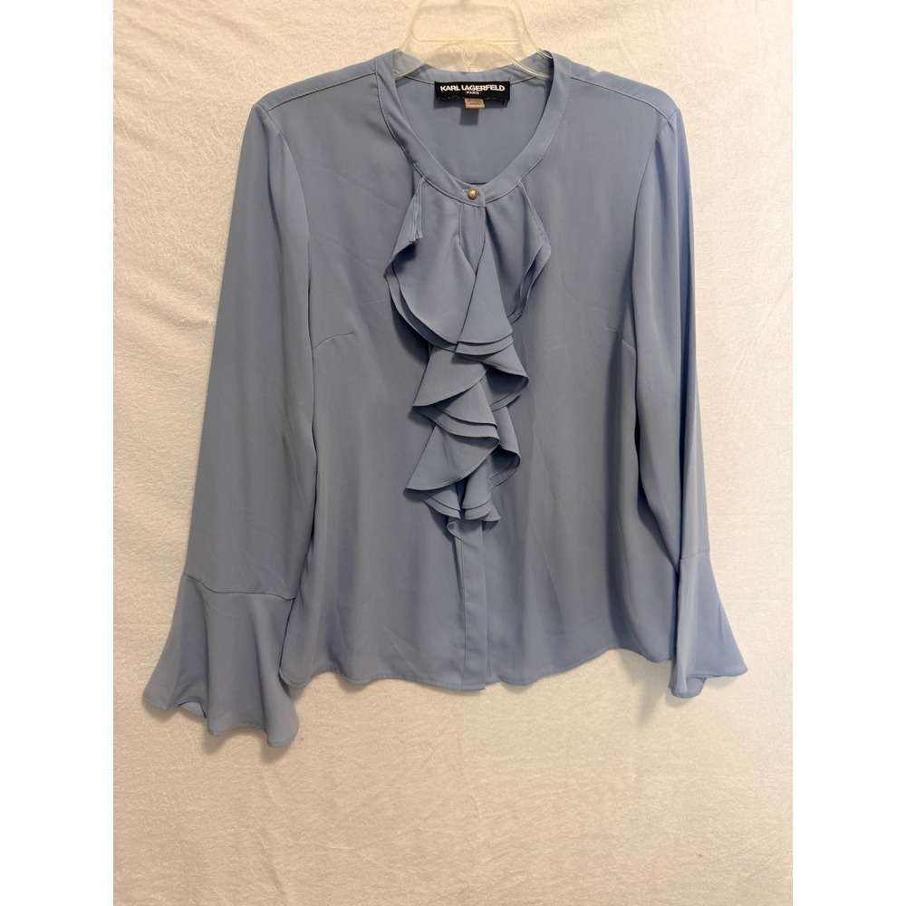 Karl Lagerfeld Paris Blue Ruffle Front Pearl Button Bell Sleeve Blouse Large
